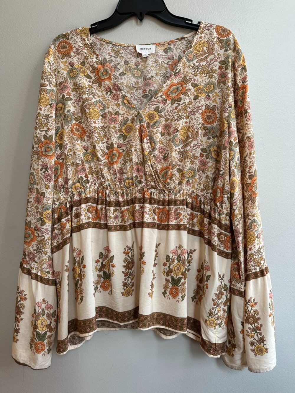 Heyson Long Sleeved Peasant Blouse Size 2XL Multi-Colored Floral V-neck BOHO